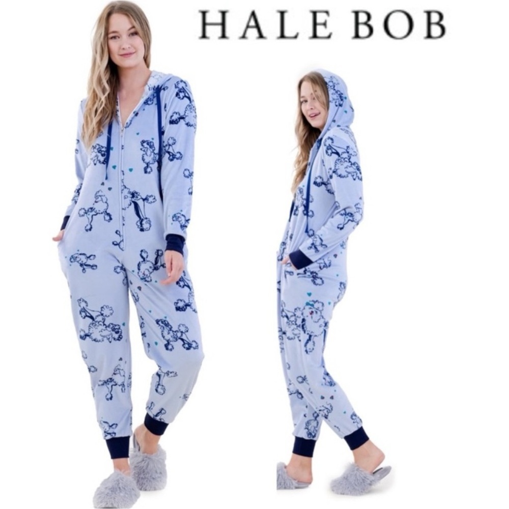 Hale Bob Onesie Zip Up Hoodie Pajamas with Poodle Print Size Small baby blue